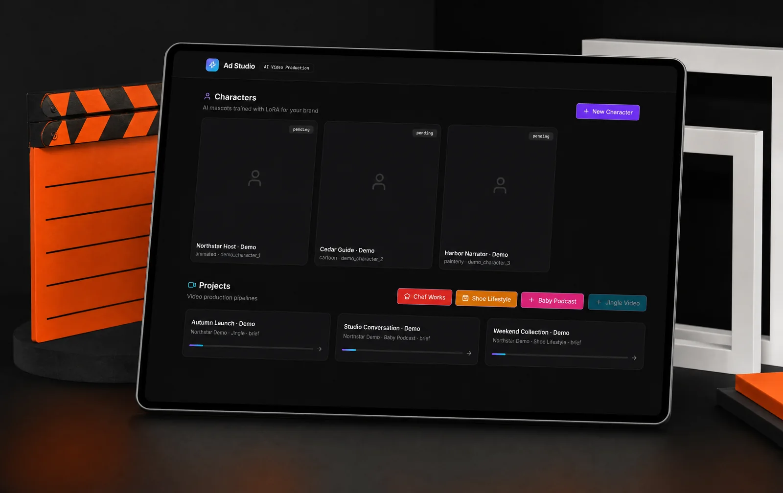 Art-directed presentation of the captured Ad Studio interface.