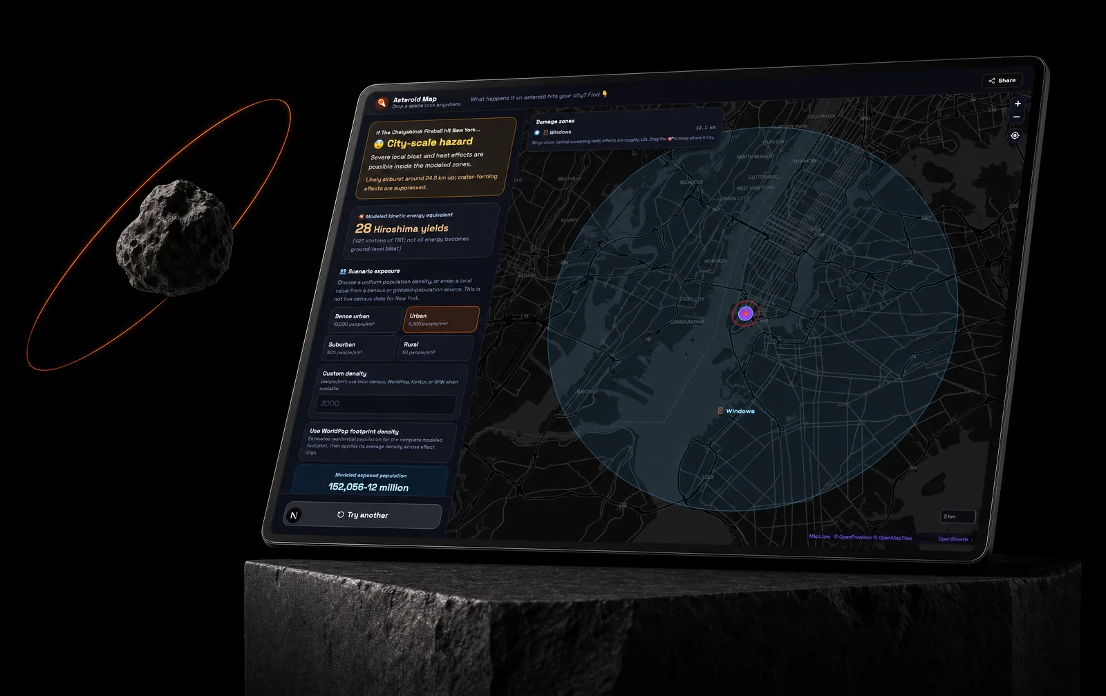 Art-directed presentation of the captured Asteroid Map interface.