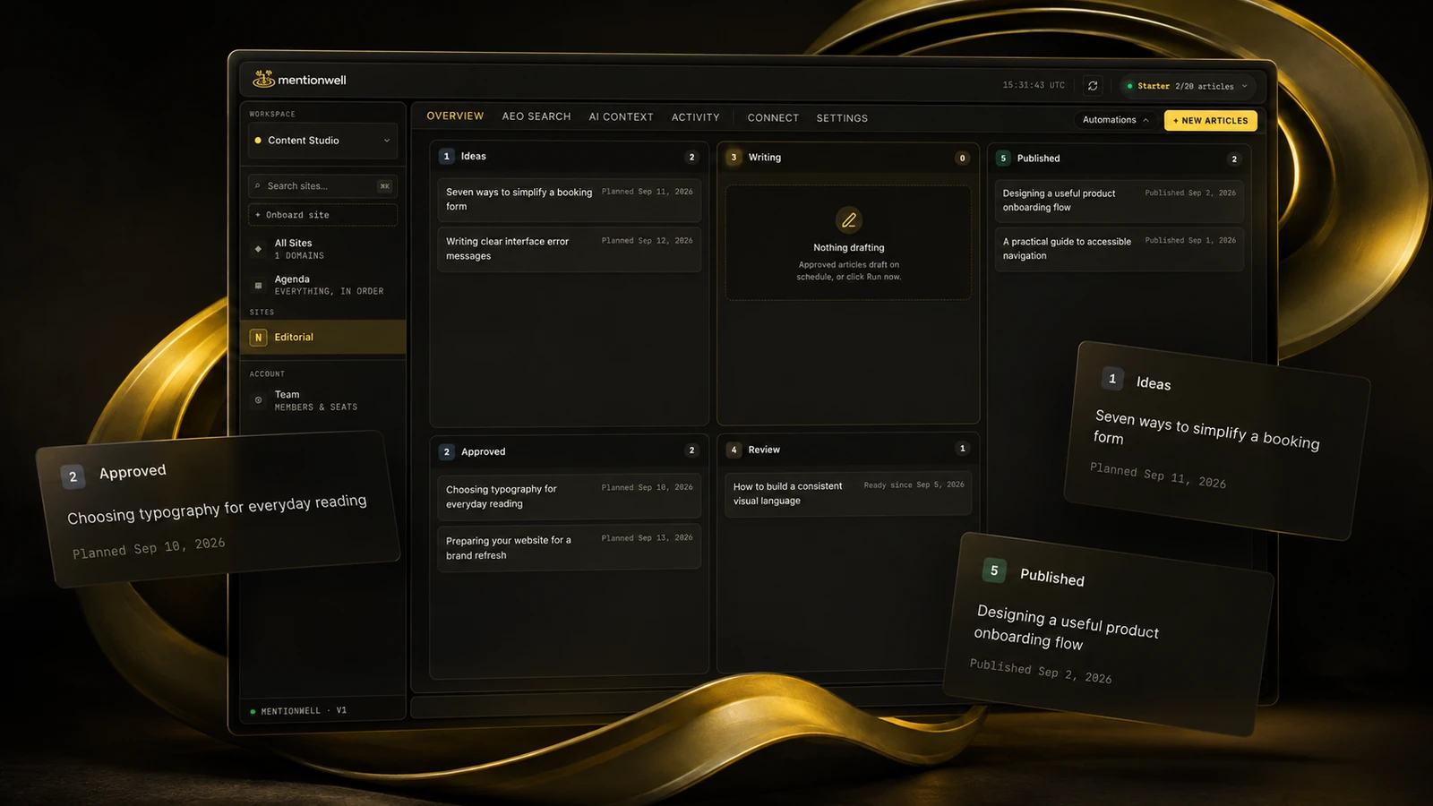 An art-directed black-and-gold presentation of MentionWell’s content workflow.