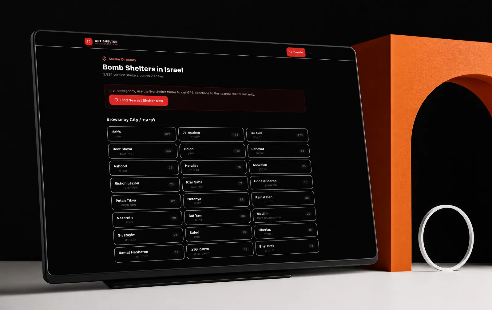 Art-directed presentation of the captured Shelter Now interface.