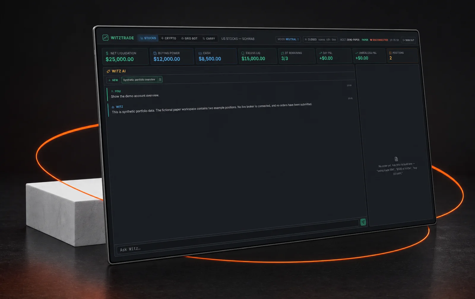 Art-directed presentation of the captured Witz Trade interface.