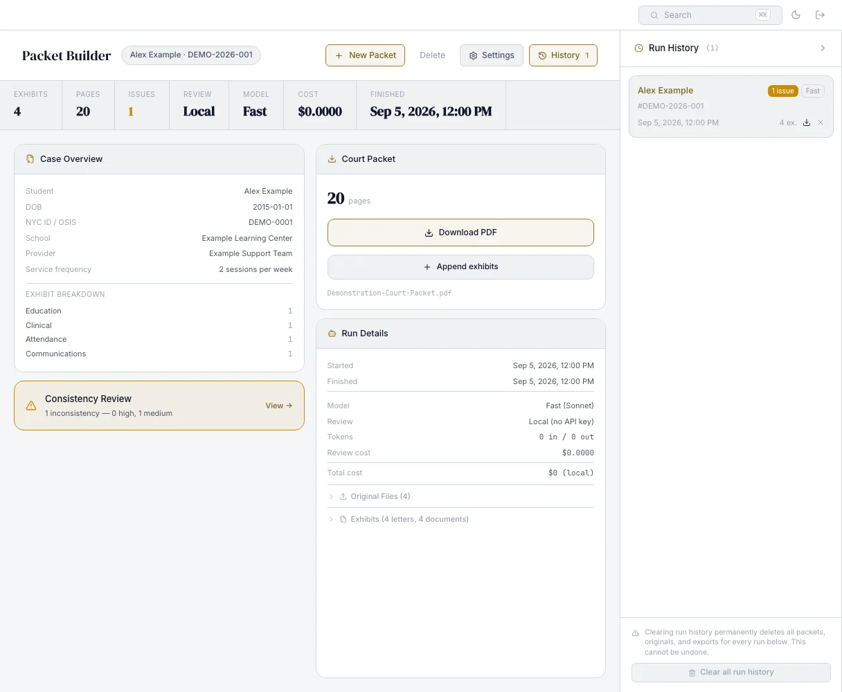 Anonymized legal workflow frontend with synthetic demonstration records.